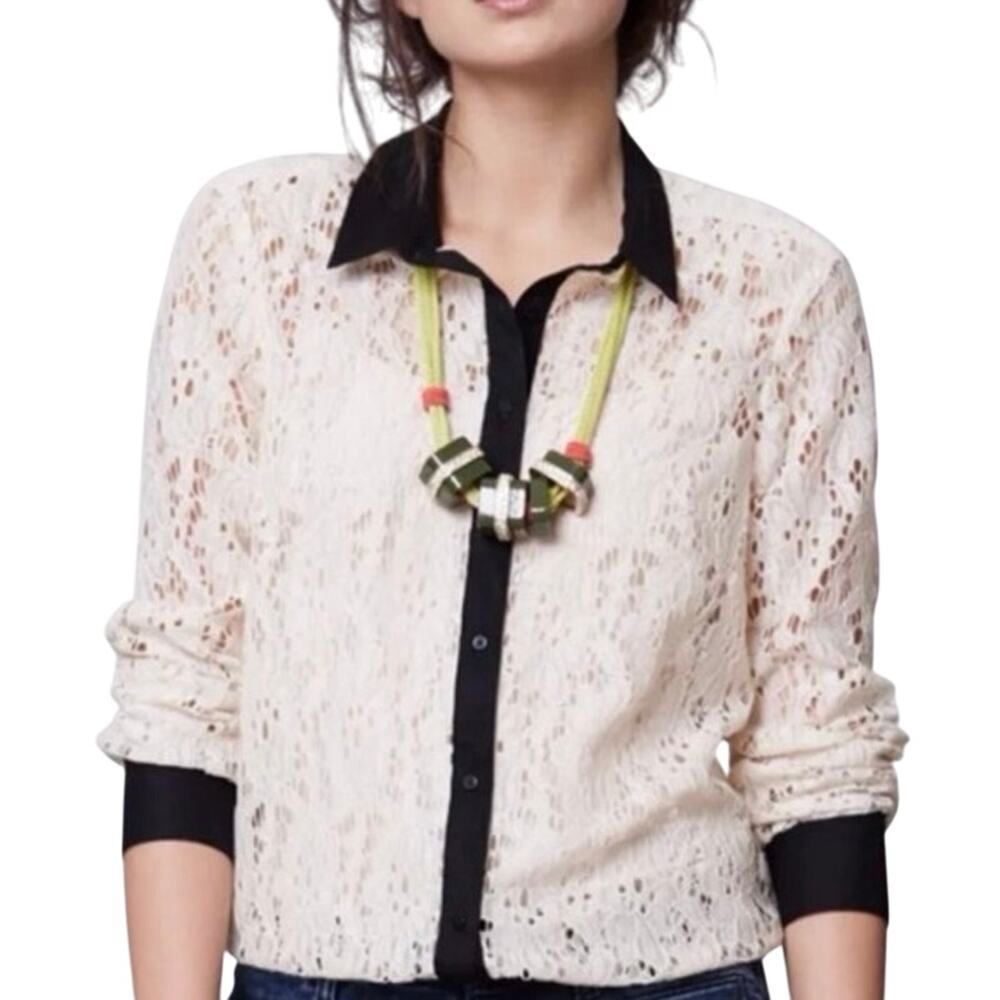 VANESSA VIRGINIA Anthropologie Cream Lace Black Trim Fairy Shirt Preppy - Sz 8